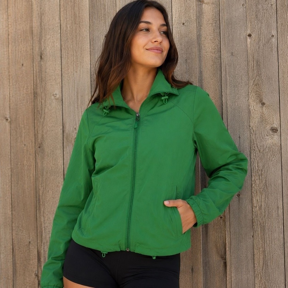 Green Full Zip Windbreaker Jacket Lightweight Activewear Stand Collar Womens L